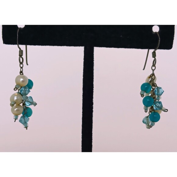 Sterling Silver Chalcedony & Pearl Cluster Dangle Earrings 1.5 in - Picture 13 of 13